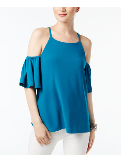 INC Womens Teal Cut Out  Ruffled Sleeve 3/4 Sleeve Square Neck Top M