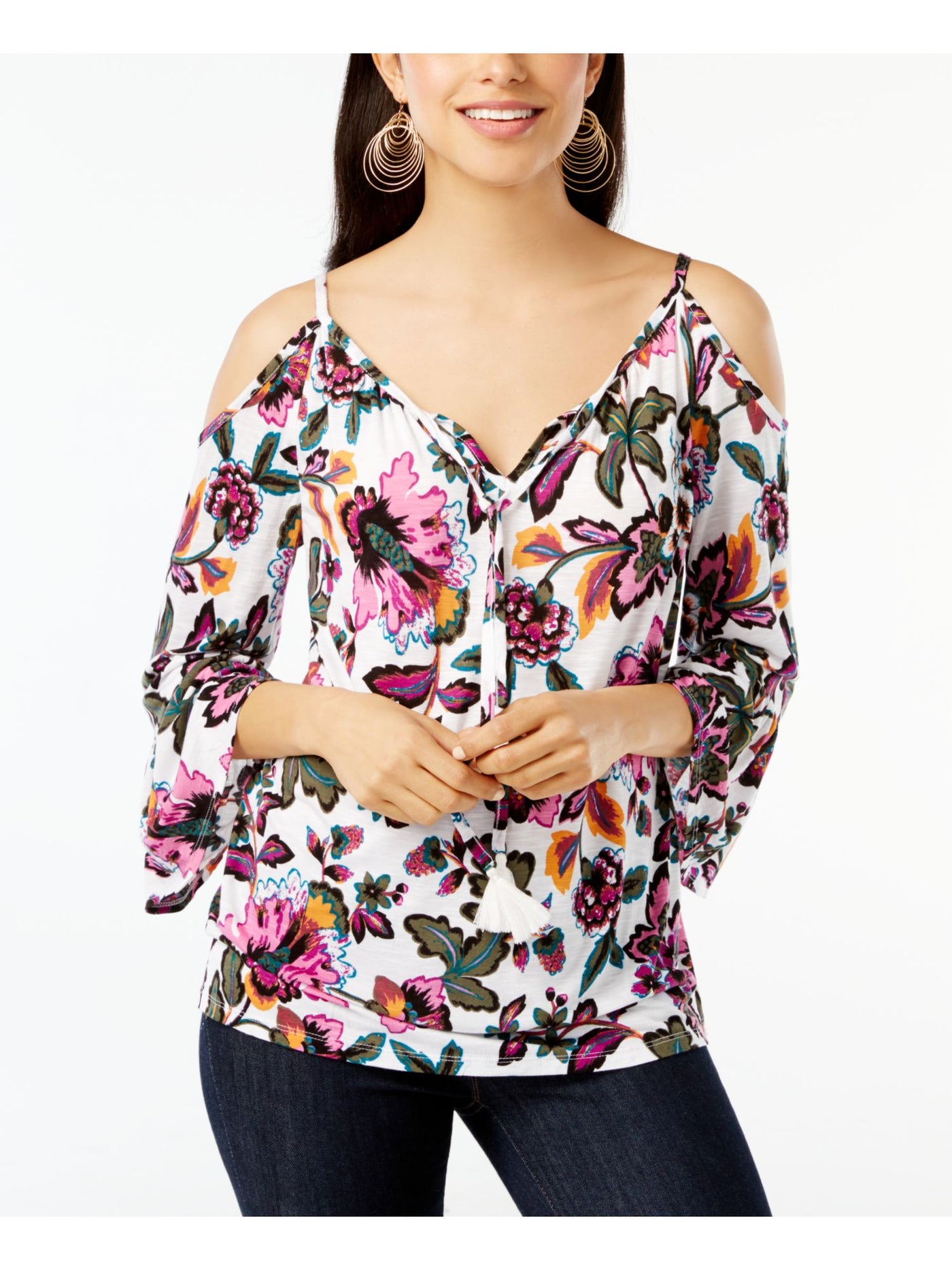 INC Womens White Cold Shoulder Floral Long Sleeve Scoop Neck Top L