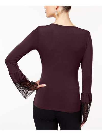 KOBI Womens Burgundy Ruched Lace Cuffs Long Sleeve Jewel Neck Top XS