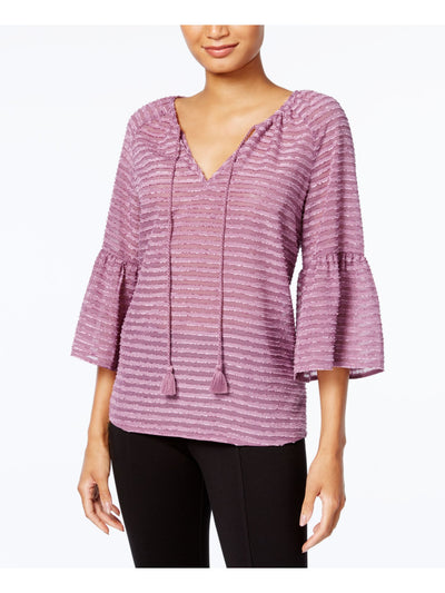 KENSIE Womens Purple Textured Striped Bell Sleeve Jewel Neck Tunic Top L