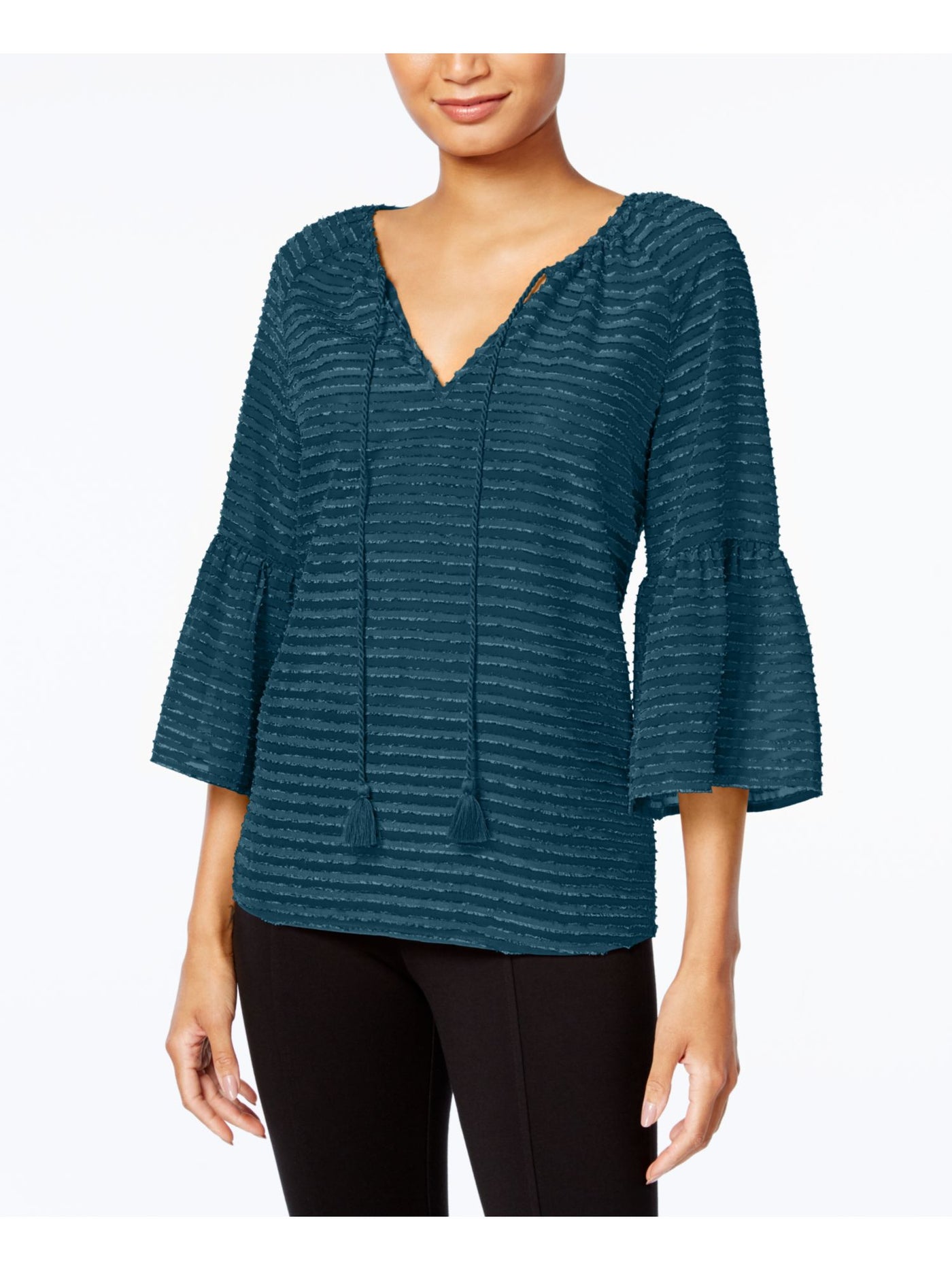 KENSIE Womens Turquoise Textured Bell Sleeve Keyhole Top XS