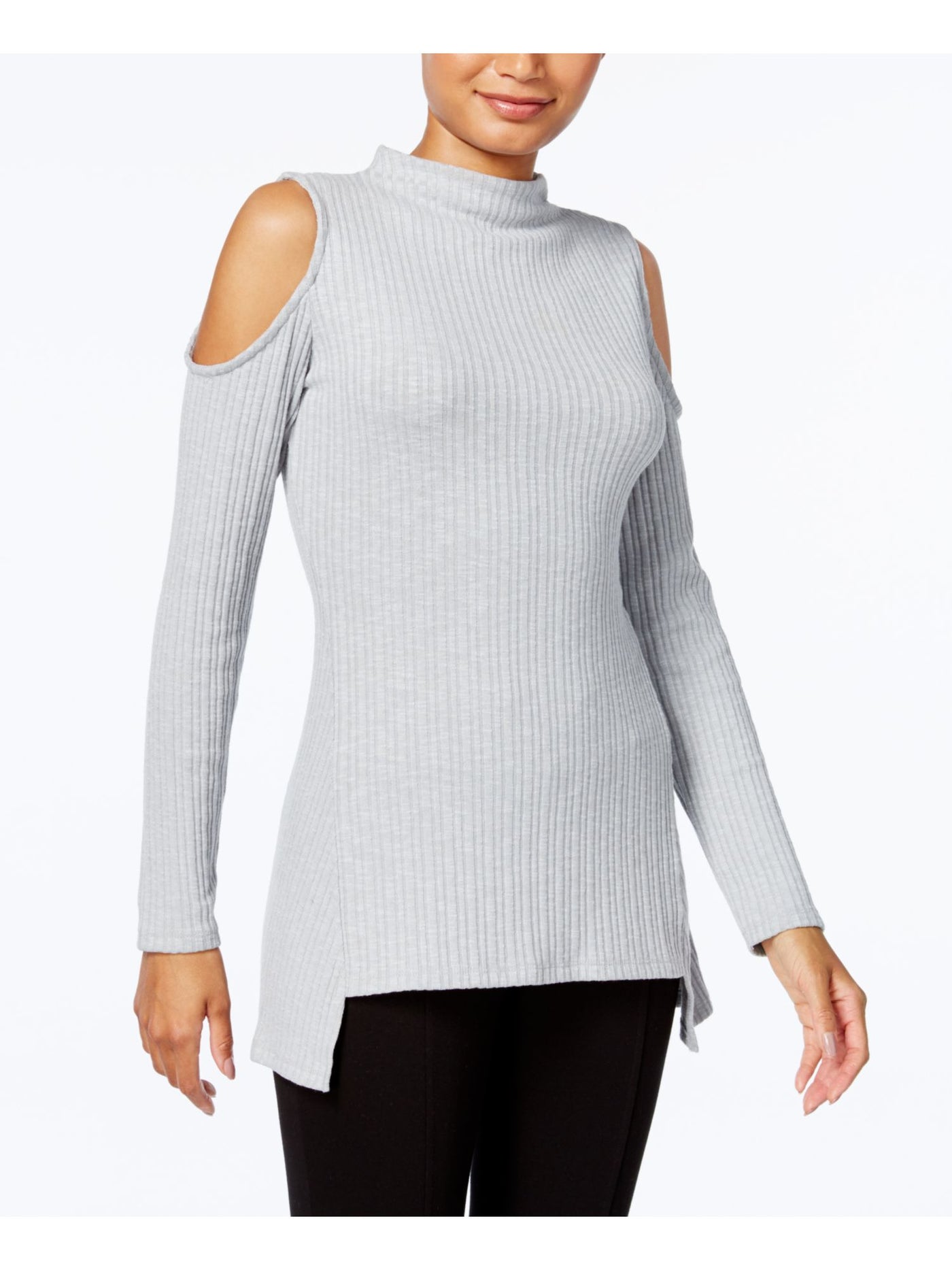 KENSIE Womens Gray Cold Shoulder Textured Long Sleeve Turtle Neck Hi-Lo Sweater M