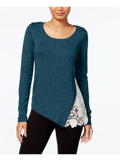 KENSIE Womens Teal Lace Long Sleeve Scoop Neck Top L