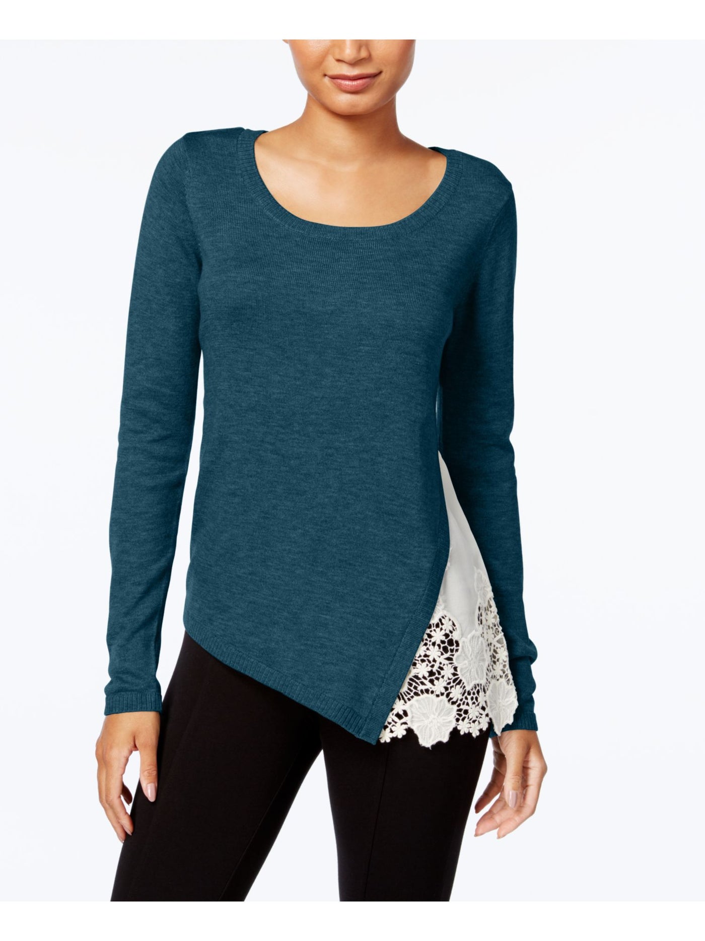 KENSIE Womens Teal Lace Long Sleeve Scoop Neck Top M