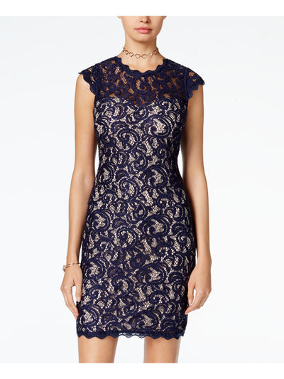 SEQUIN HEARTS Womens Navy Sequined Lace Zippered Cap Sleeve Illusion Neckline Short Cocktail Sheath Dress 5