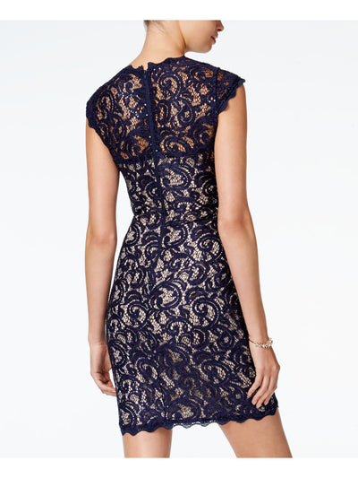 SEQUIN HEARTS Womens Navy Sequined Lace Zippered Cap Sleeve Illusion Neckline Short Cocktail Sheath Dress 1