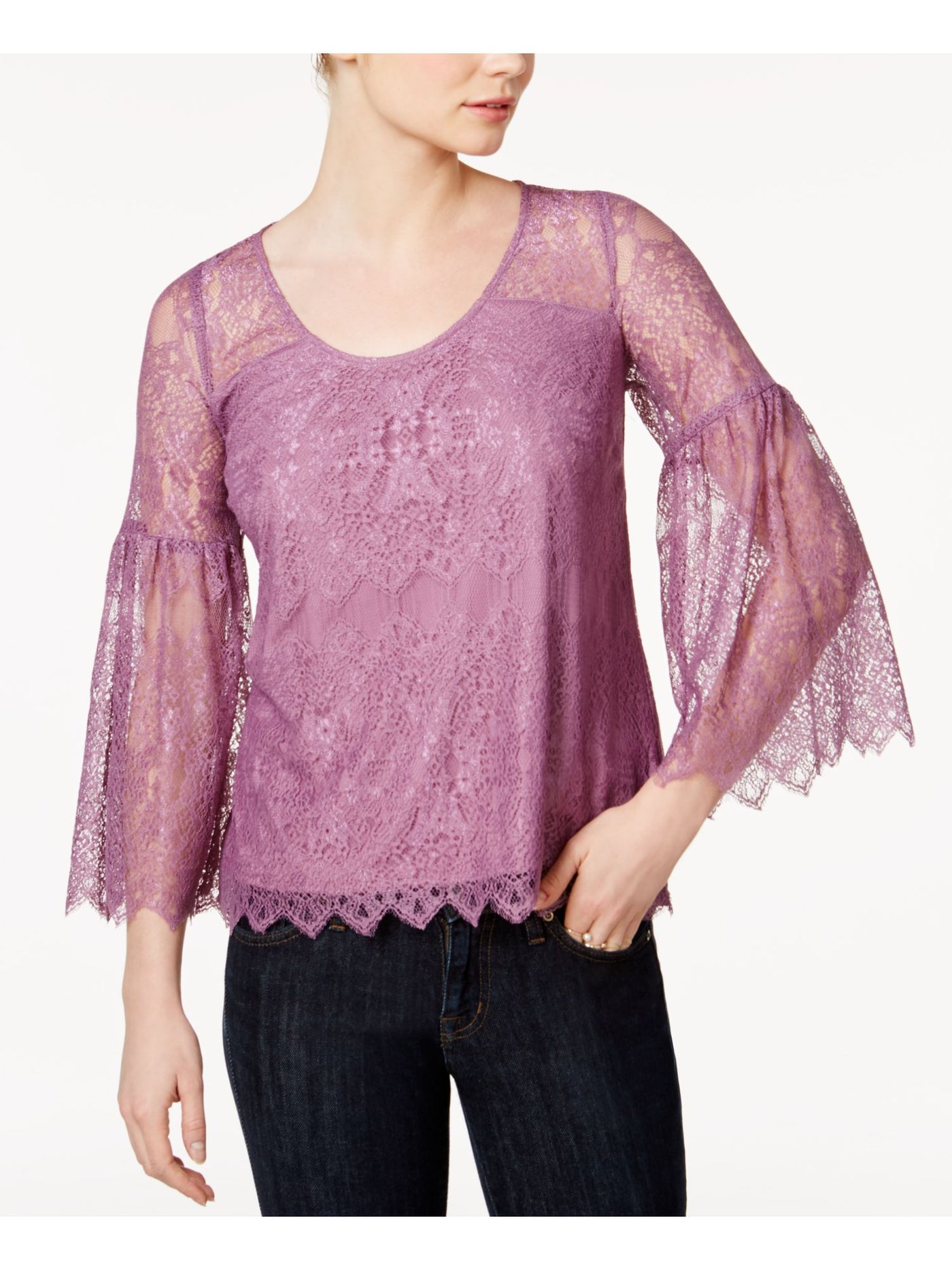 KENSIE Womens Purple Lace Scoop Neck Bell Sleeve Casual Top S