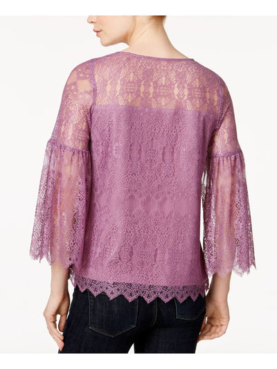 KENSIE Womens Purple Lace Scoop Neck Bell Sleeve Casual Top S