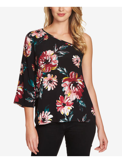 1. STATE Womens Black Floral Asymmetrical Neckline Evening Top S