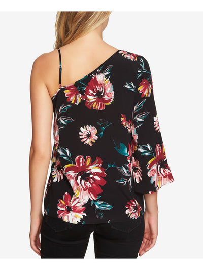 1. STATE Womens Black Floral Asymmetrical Neckline Evening Top S