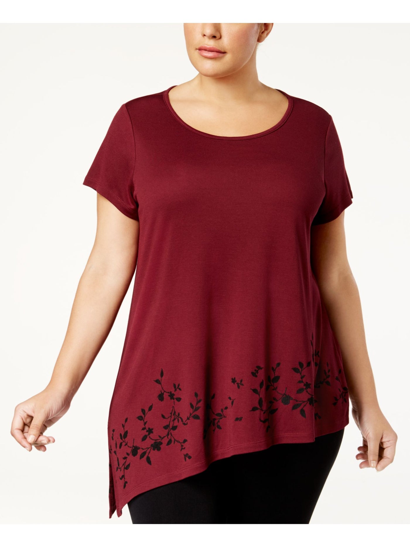 LOVE SCARLETT Womens Maroon Cut Out Printed Short Sleeve Jewel Neck Top Plus 0X