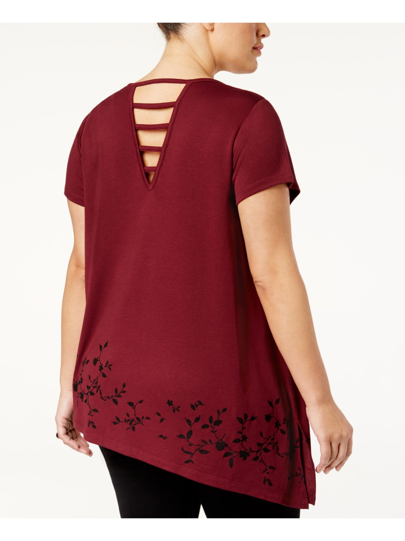 LOVE SCARLETT Womens Maroon Cut Out Printed Short Sleeve Jewel Neck Top Plus 1X