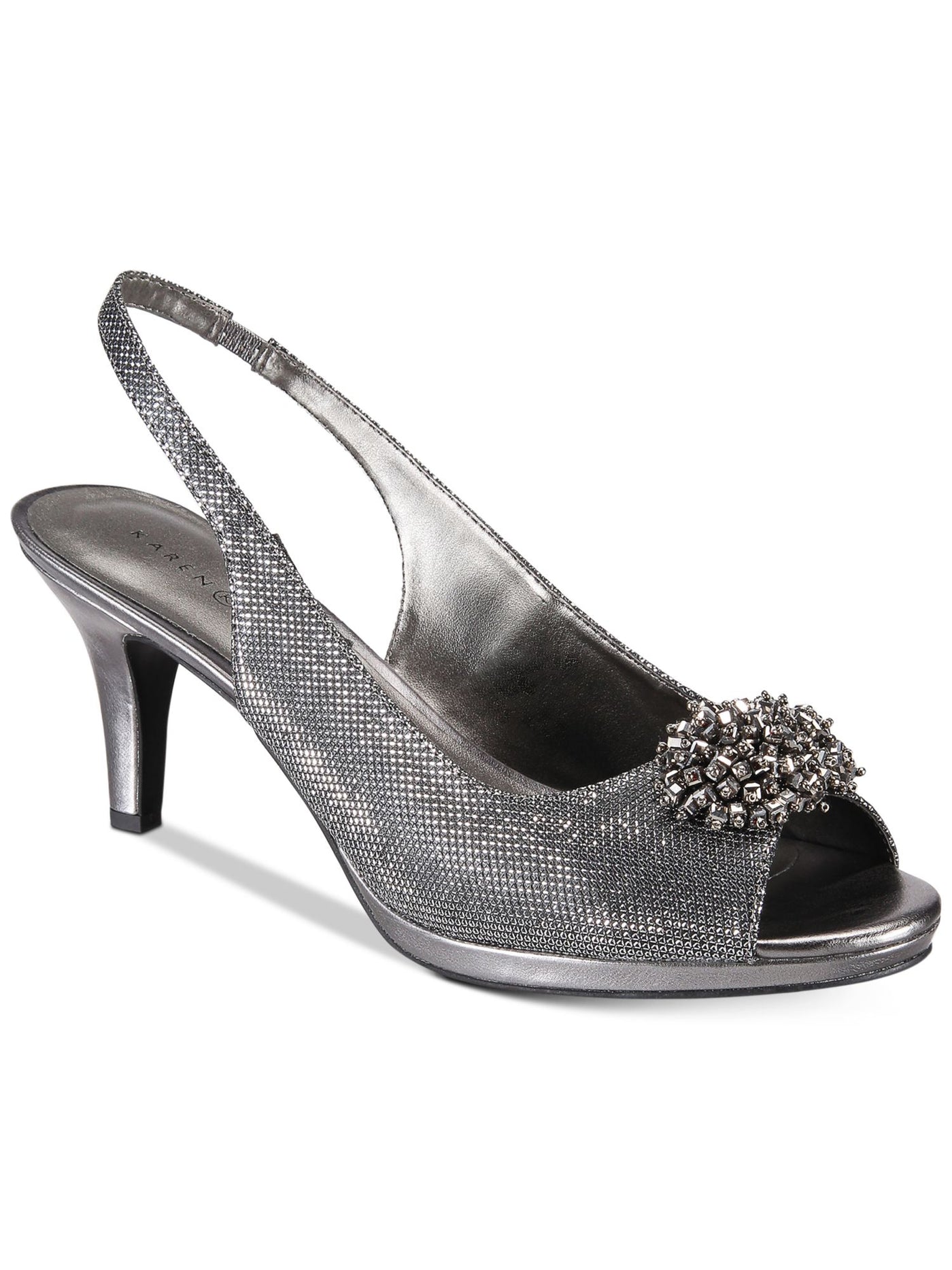 KAREN SCOTT Womens Gray Metallic Rhinestone Brooch Padded Breena Peep Toe Stiletto Slip On Dress Slingback 9 M