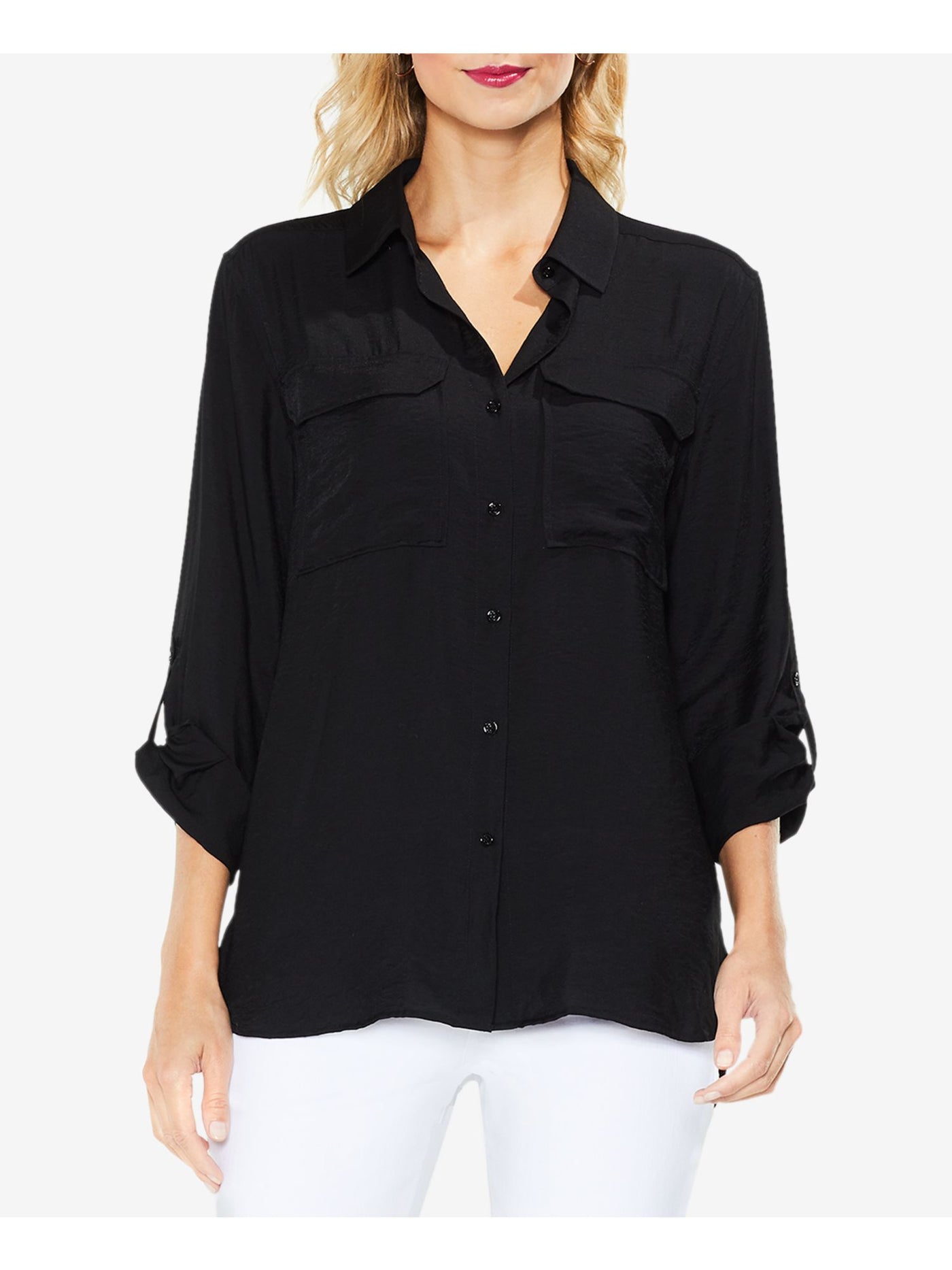 TWO BY VINCE CAMUTO Womens Black Pocketed Utility Roll-tab Sleeve Point Collar Button Up Top XS