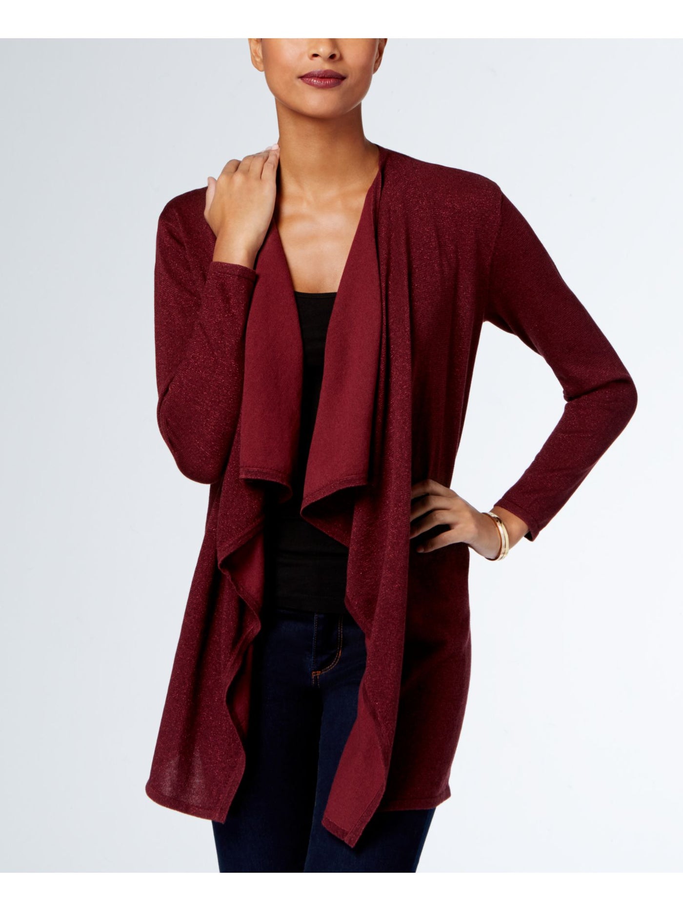 MICHAEL MICHAEL KORS Womens Burgundy Long Sleeve Open Front Wear To Work Waterfall Cardigan Petites PM