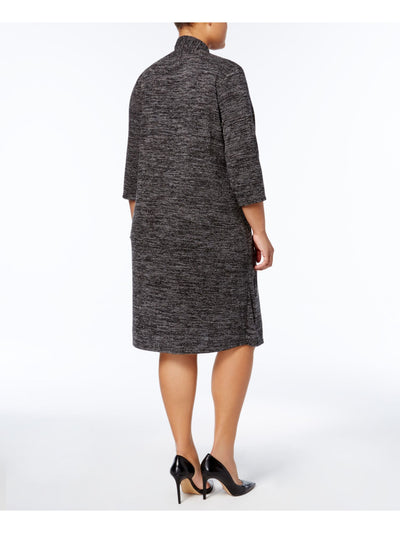 CONNECTED APPAREL Womens Black Ribbed Patterned 3/4 Sleeve Jewel Neck Above The Knee Shift Dress Plus 20W