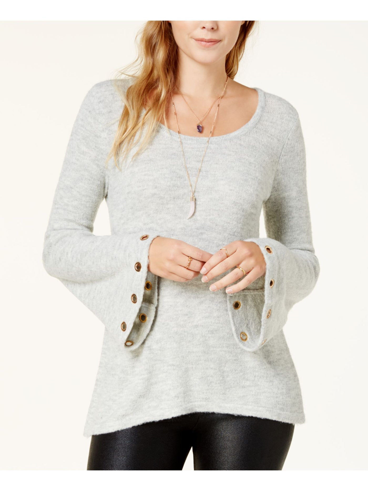 KENSIE Womens Ivory Chevron Jewel Neck Bell Sleeve Sweater M