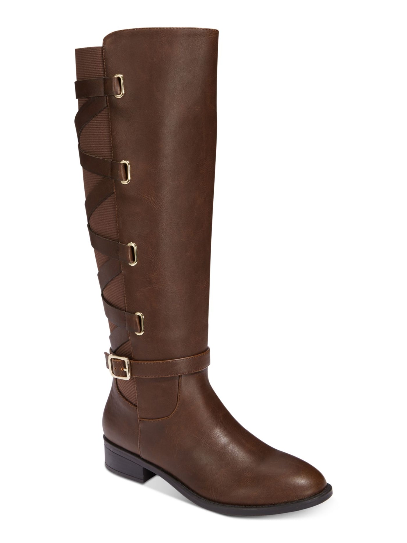 THALIA SODI Womens Brown Crisscross Straps Stretch Buckle Accent Strappy Veronika Round Toe Block Heel Zip-Up Riding Boot 7.5 M