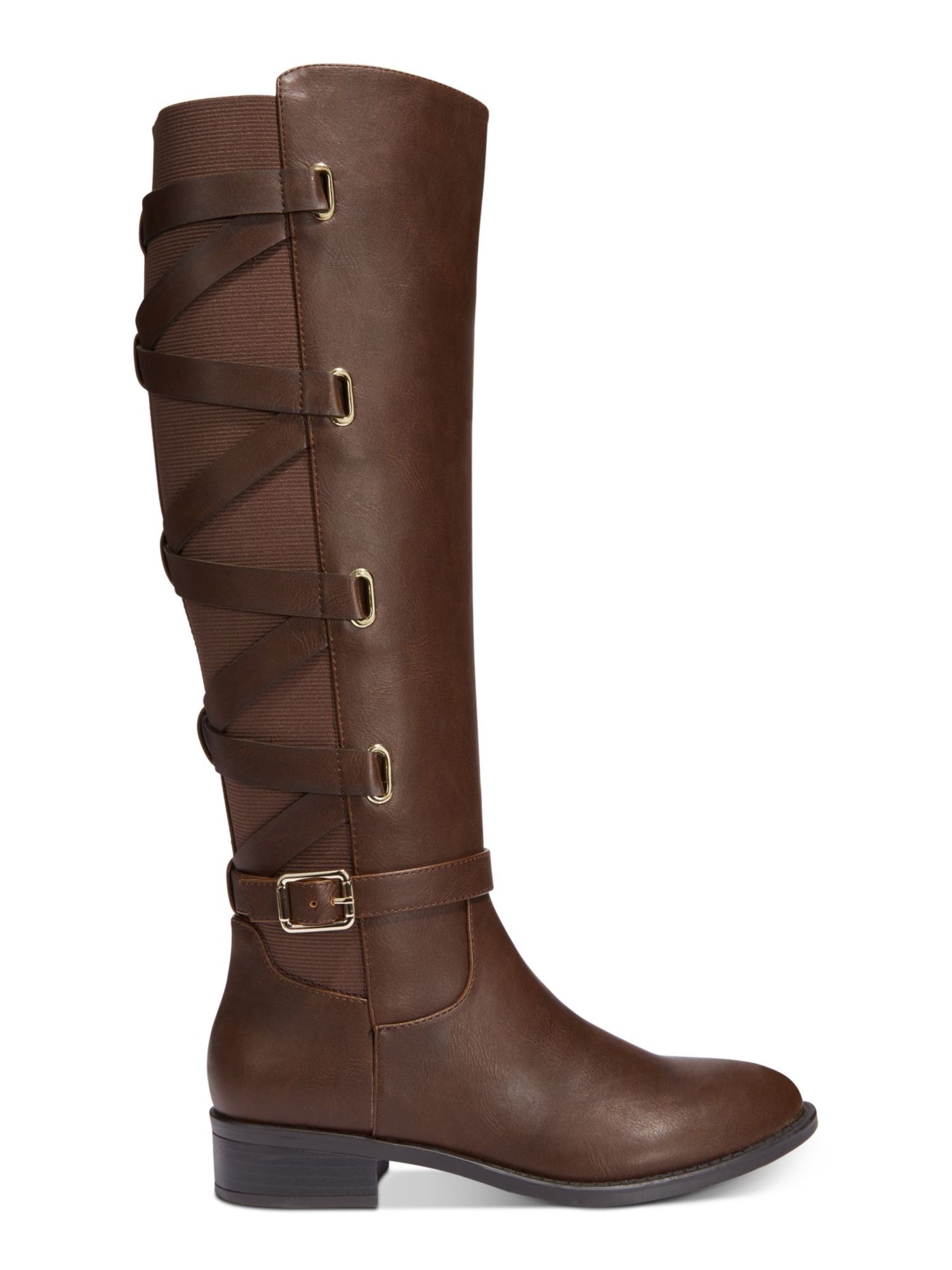 THALIA SODI Womens Brown Crisscross Straps Stretch Buckle Accent Strappy Veronika Round Toe Block Heel Zip-Up Riding Boot 9.5 M