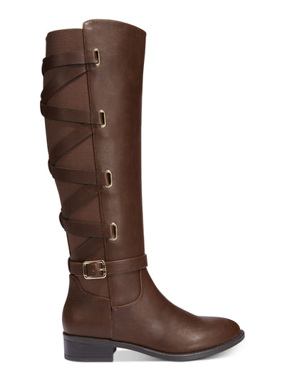THALIA SODI Womens Brown Crisscross Straps Stretch Buckle Accent Strappy Veronika Round Toe Block Heel Zip-Up Riding Boot 9.5 M
