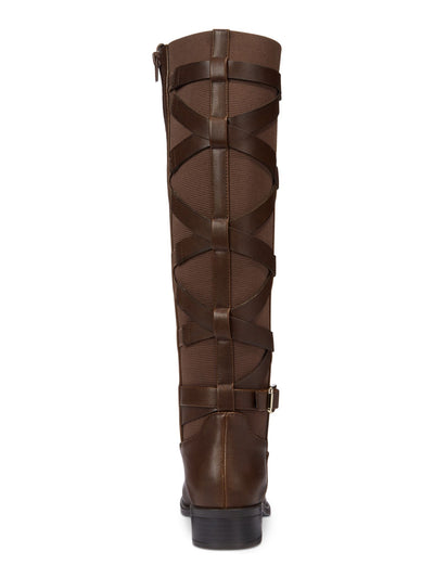 THALIA SODI Womens Brown Crisscross Straps Stretch Buckle Accent Strappy Veronika Round Toe Block Heel Zip-Up Riding Boot 9.5 M