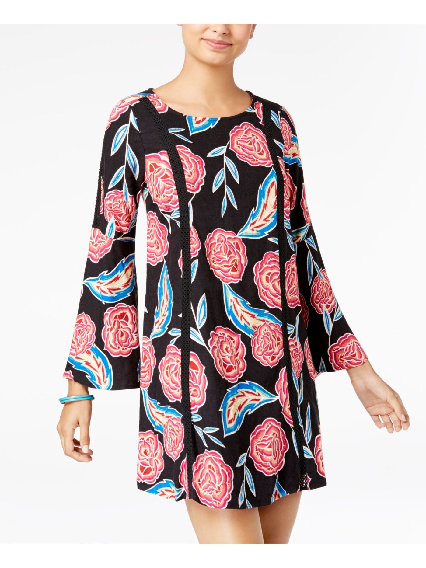 ROXY Womens Black Floral Long Sleeve Jewel Neck Above The Knee Tunic Dress S
