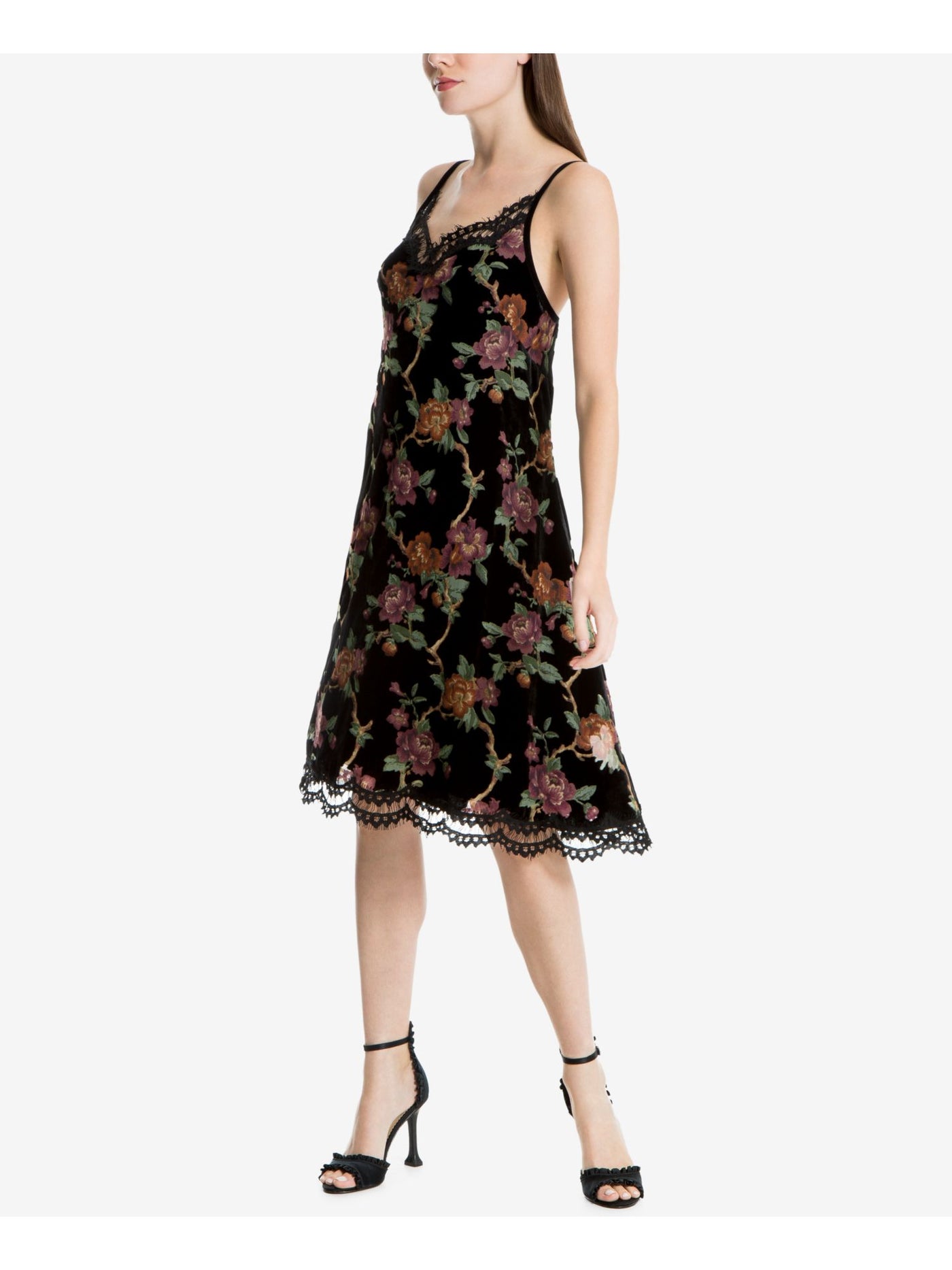 MAX STUDIO Womens Black Floral Spaghetti Strap V Neck Below The Knee Cocktail A-Line Dress XL