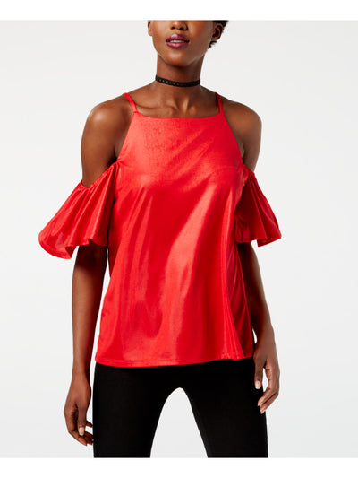 INC Womens Red Cold Shoulder Short Sleeve Asymmetrical Neckline Evening Top XS