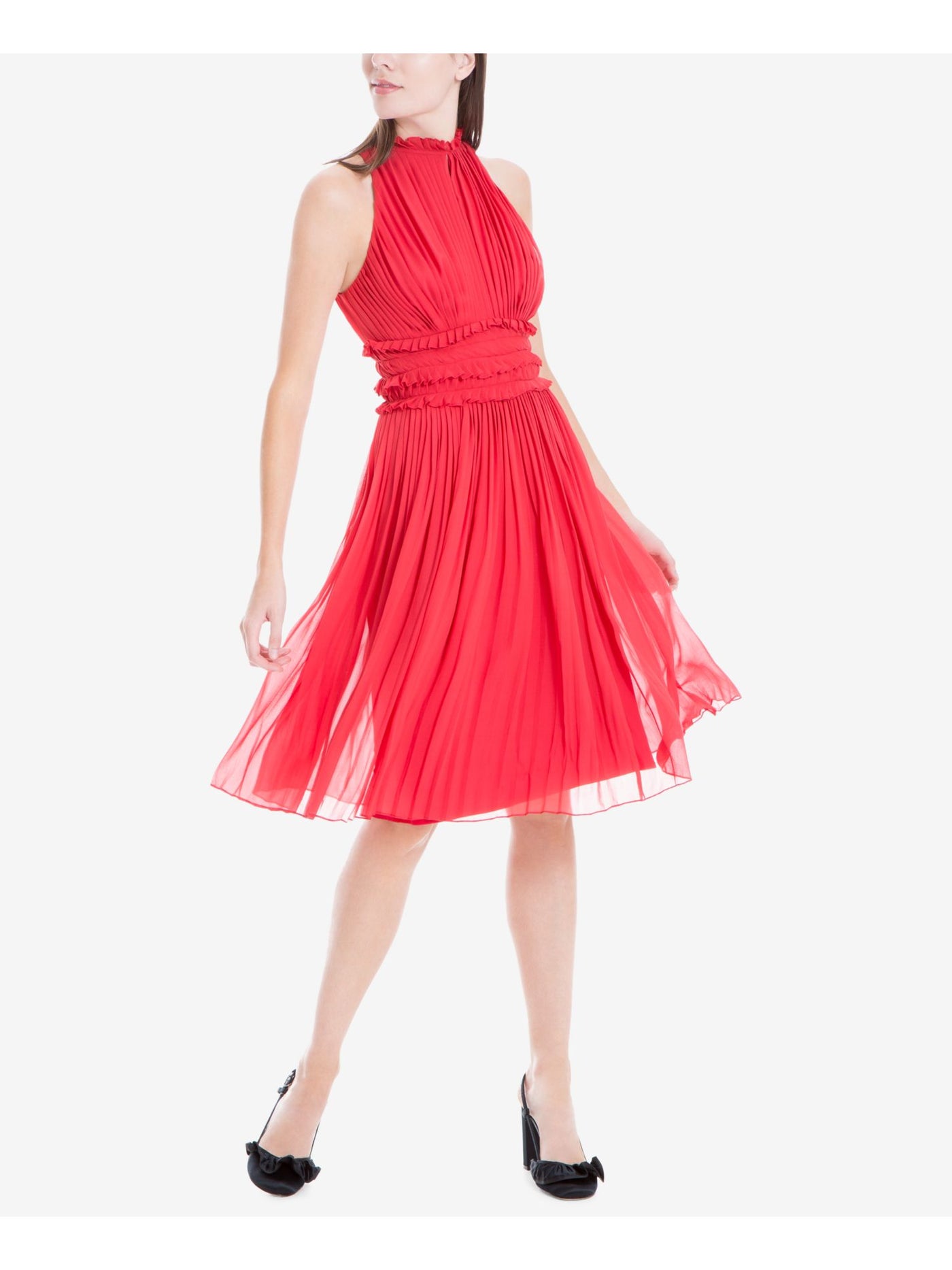 MAX STUDIO Womens Red Pleated Ruffled Sleeveless Crew Neck Mini Cocktail Empire Waist Dress XS