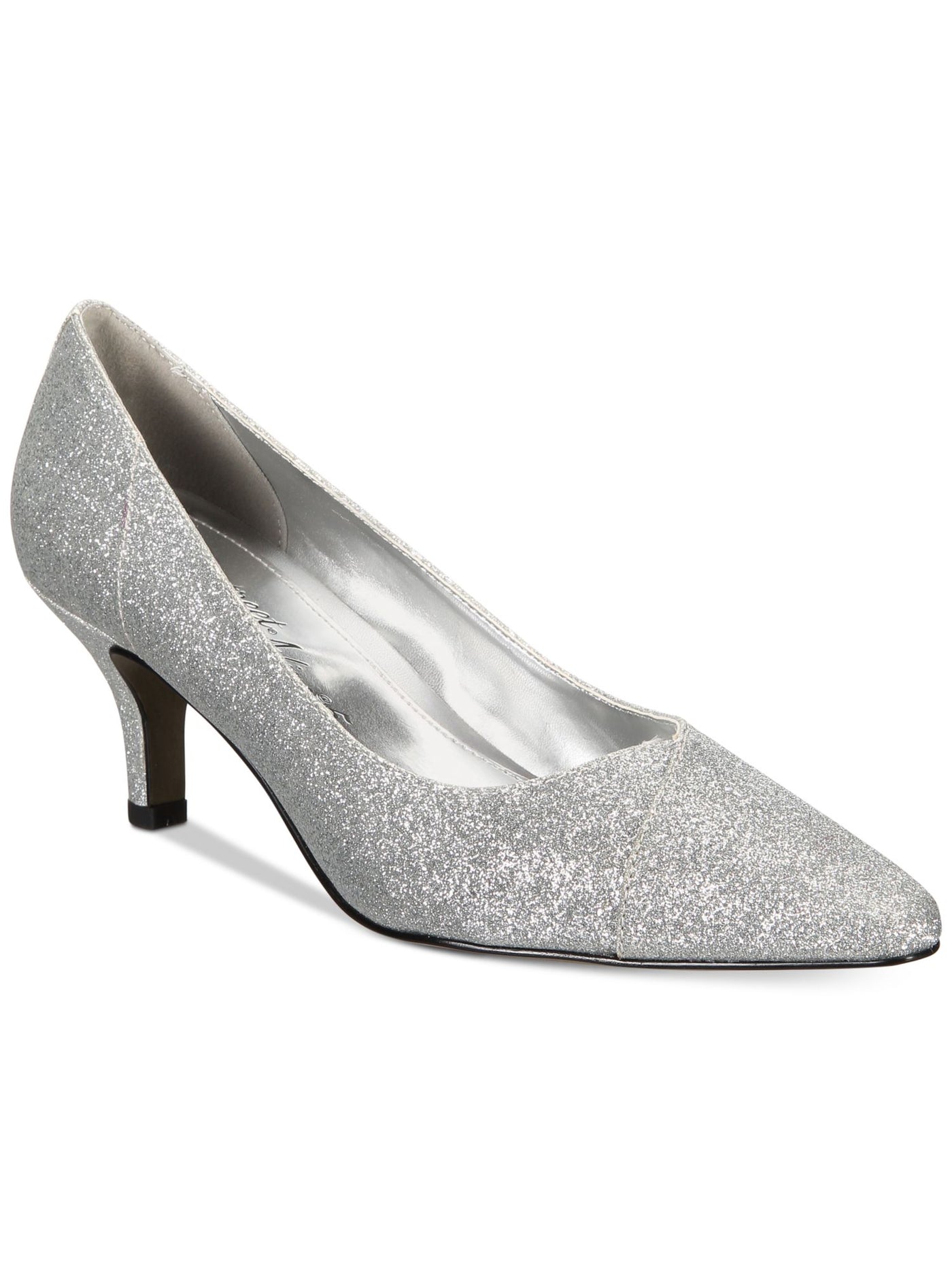 EASY STREET ALIVE AT 5 Womens Silver Cushioned Chiffon Pointed Toe Kitten Heel Slip On Dress Pumps Shoes 9.5 M