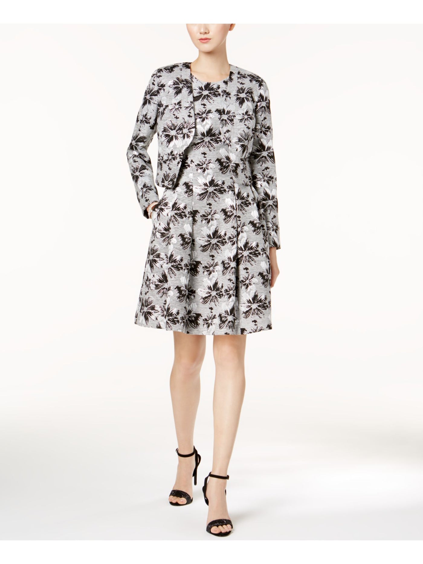 NINE WEST Womens Silver Floral Jacquard Blazer Jacket 8