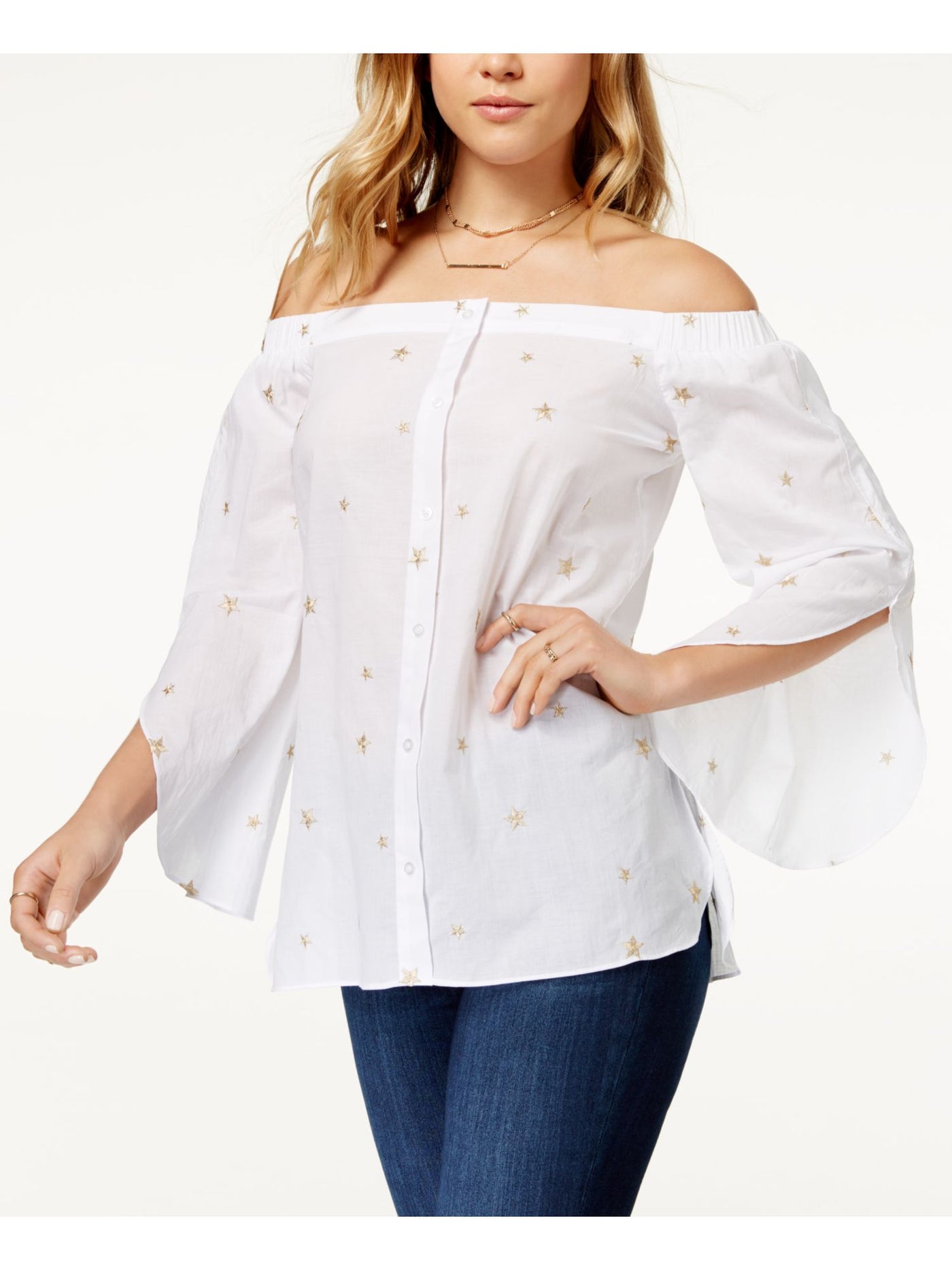 MAISON JULES Womens White Embellished Bell Sleeve Off Shoulder Blouse S