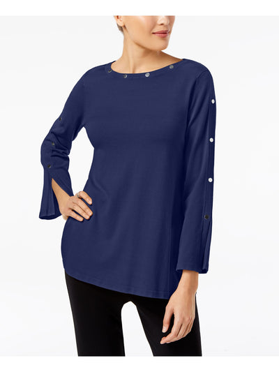 ALFANI Womens Blue Embellished Slit Sleeve Top S