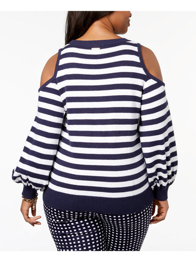 MICHAEL MICHAEL KORS Womens Navy Cold Shoulder Ribbed Striped Long Sleeve Scoop Neck Sweater Plus 1X