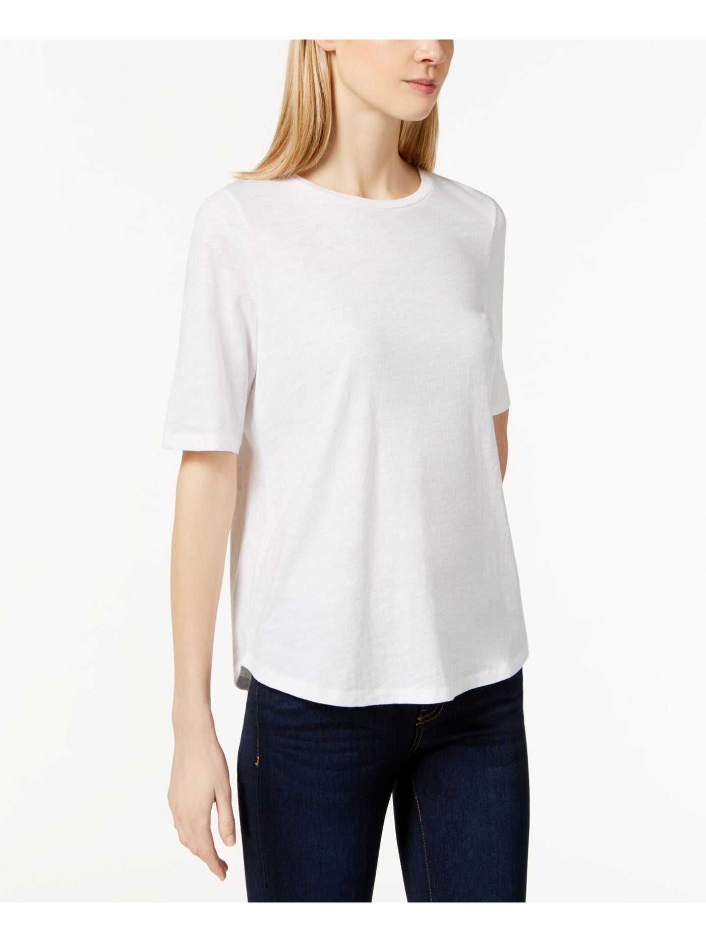 EILEEN FISHER Womens Cotton Short Sleeve Round Hem Crew Neck Top