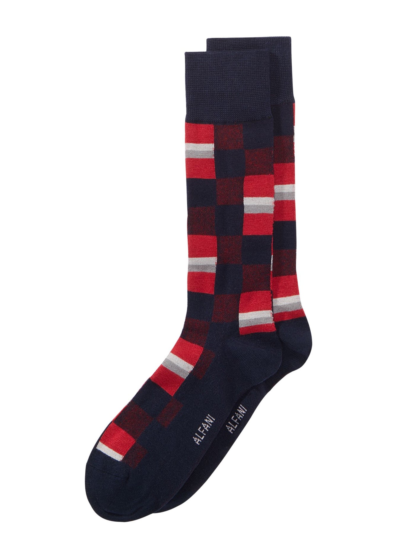 ALFANI Red Blue Mosaic Boxes Moisture Wicking Dress Crew Socks