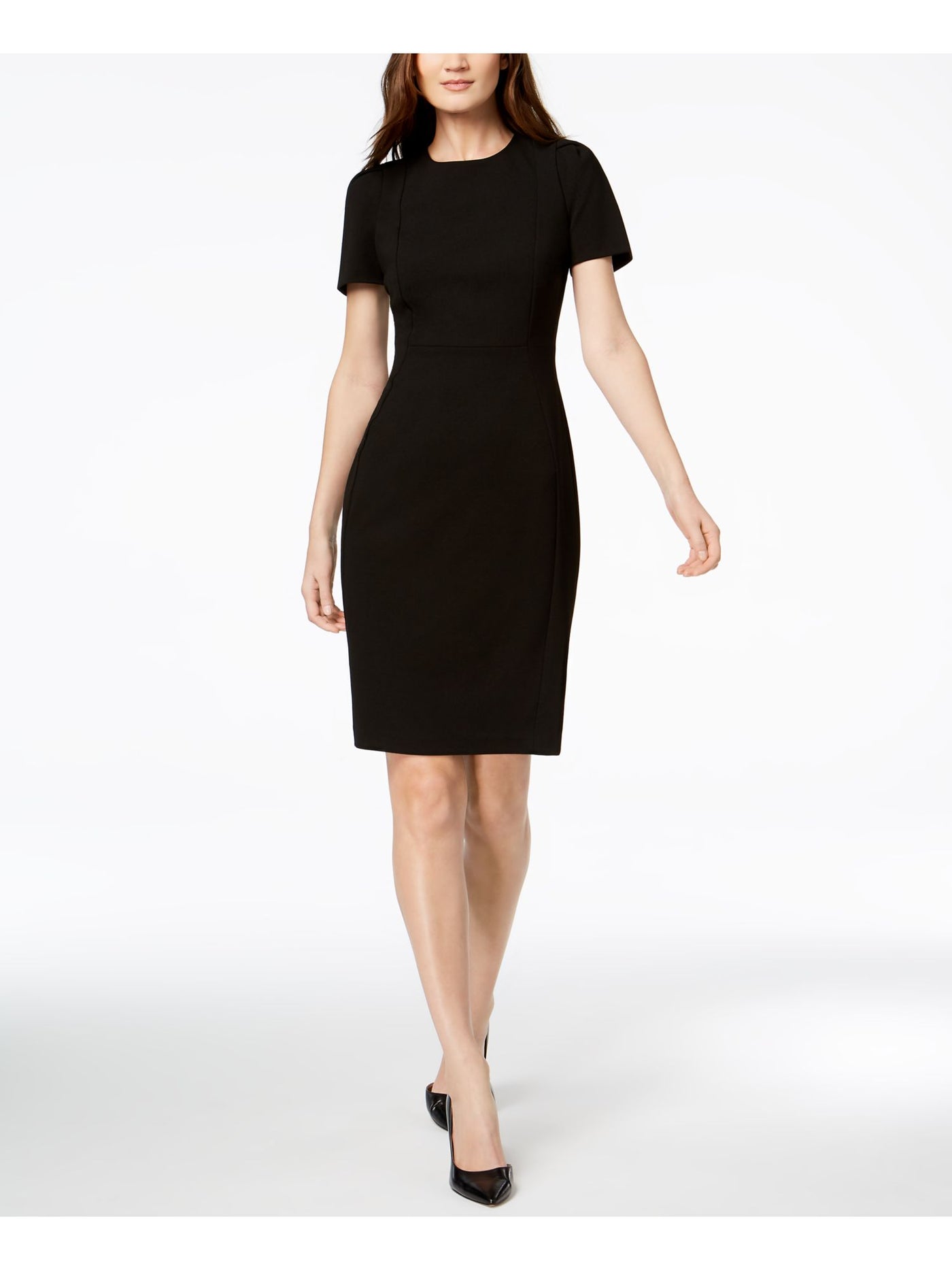 CALVIN KLEIN Womens Black Stretch Zippered Short Sleeve Scoop Neck Above The Knee Wear To Work Sheath Dress Petites 8P