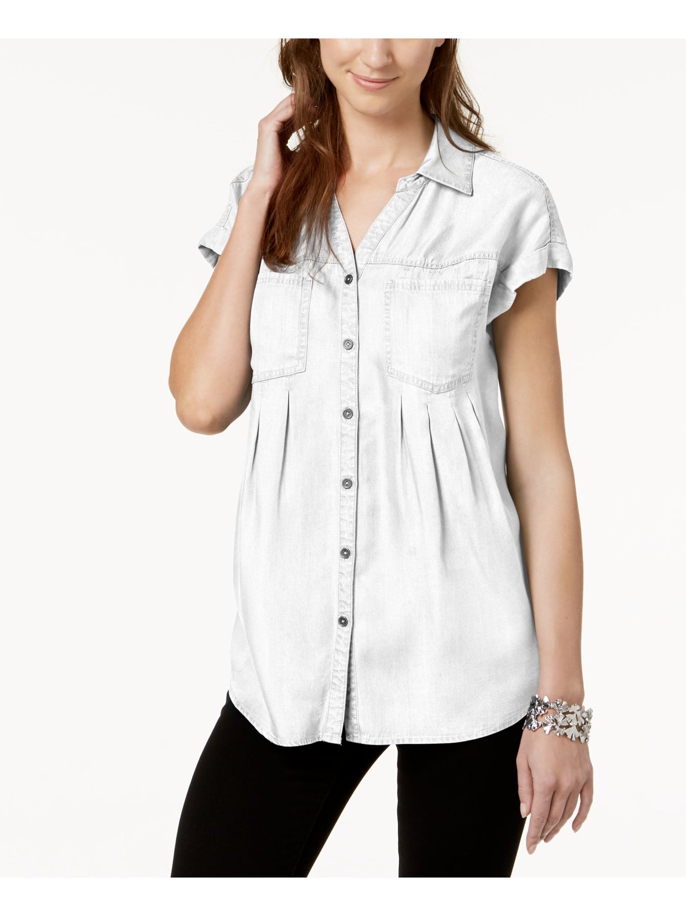 STYLE & COMPANY Womens White Collared Short Sleeve Henley Wear To Work Button Up Top M