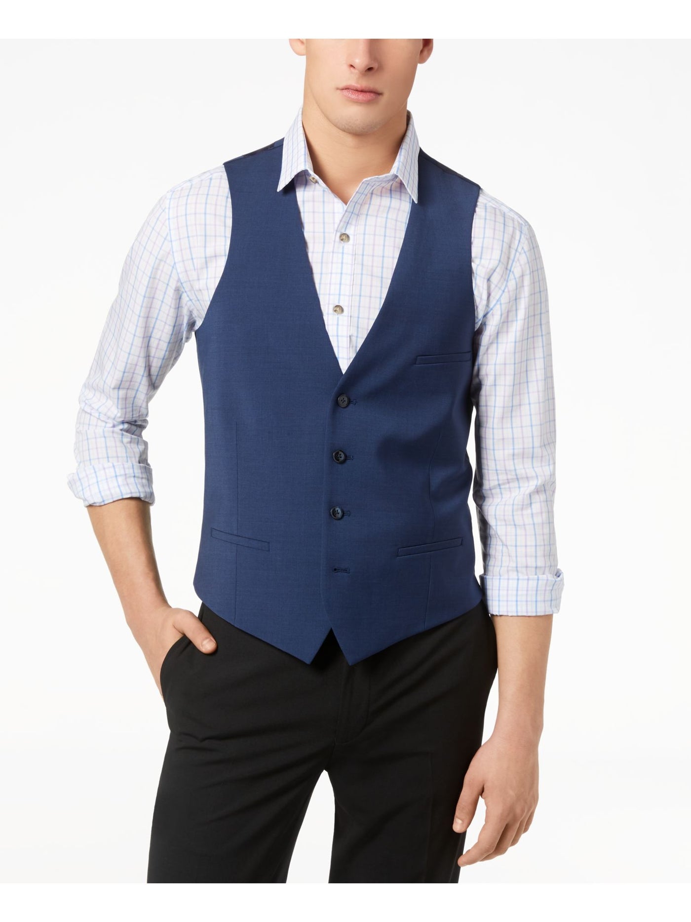 BAR III Mens Navy V Neck Slim Fit Button Down Performance Stretch Vest XL