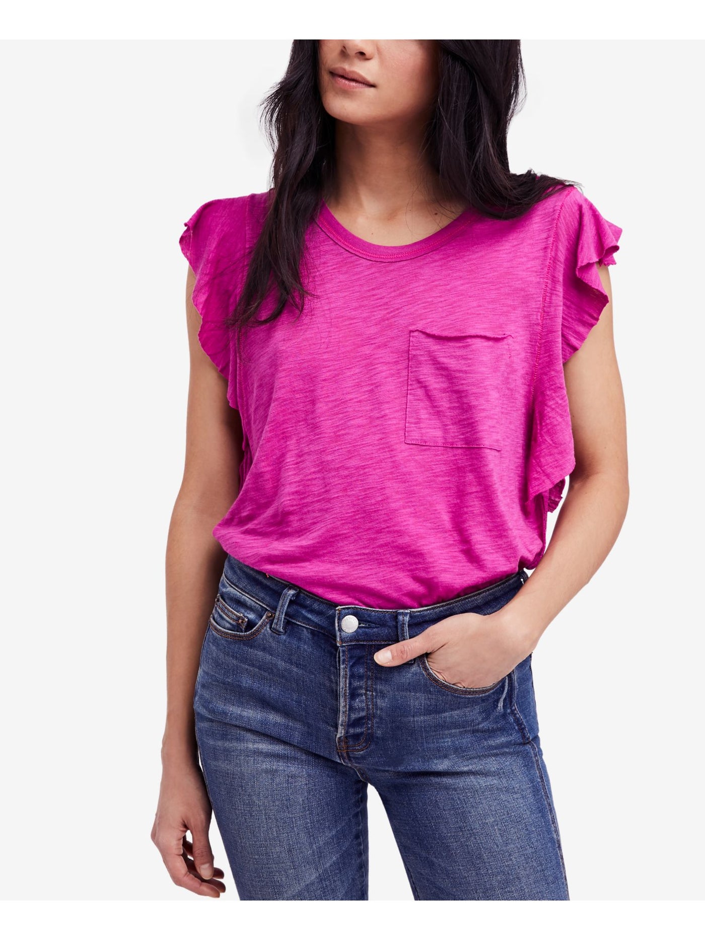 WE THE FREE Womens Purple Ruffled Sleeves Scoop Neck Top S