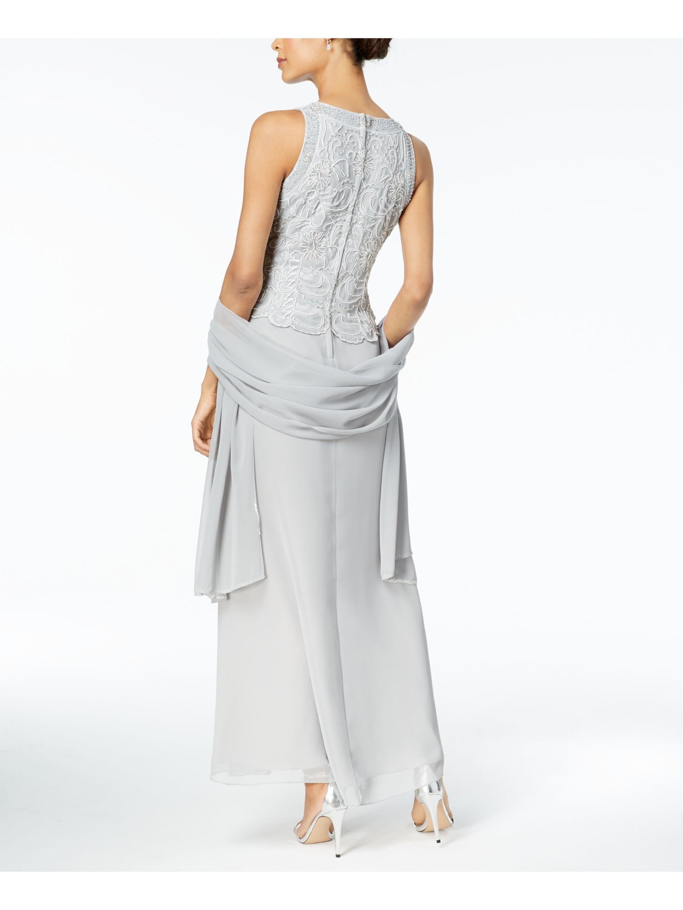 JKARA Womens Sleeveless Polyester Zippered Beaded Round Neck Formal Gown Dress