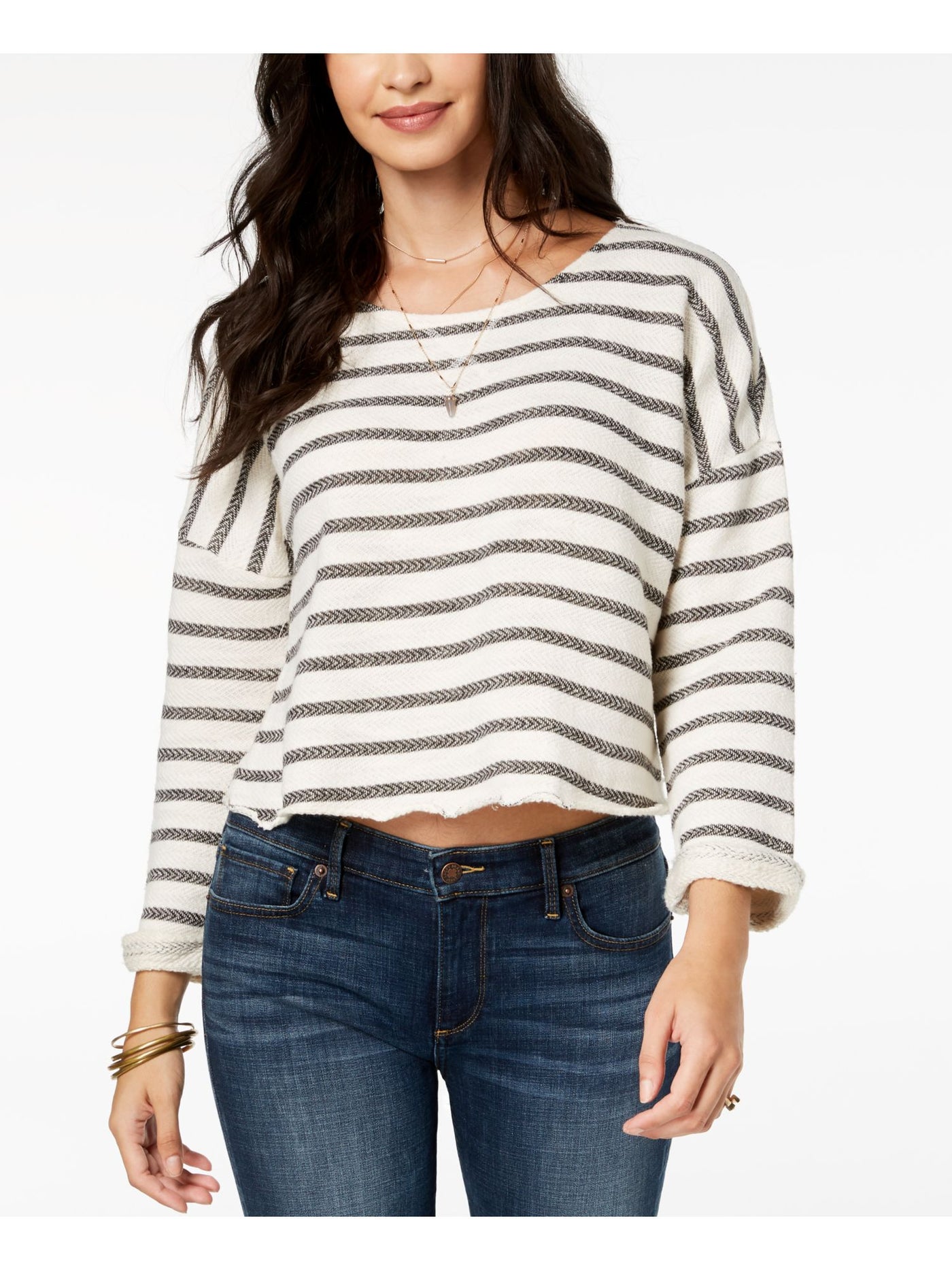 LUCKY BRAND Womens Ivory Striped Long Sleeve Jewel Neck Sweater L