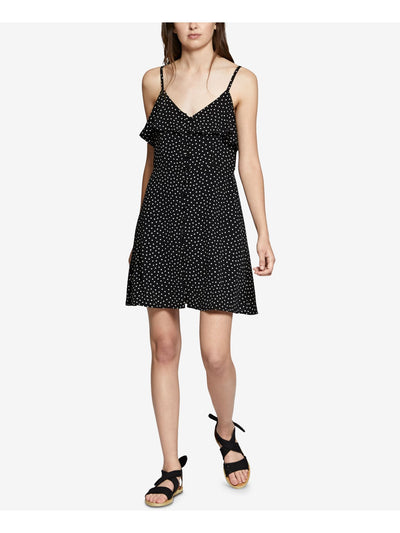 SANCTUARY Womens Black Ruffled Polka Dot Spaghetti Strap V Neck Above The Knee Fit + Flare Dress S