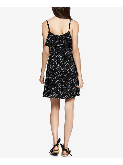 SANCTUARY Womens Black Ruffled Polka Dot Spaghetti Strap V Neck Above The Knee Fit + Flare Dress S