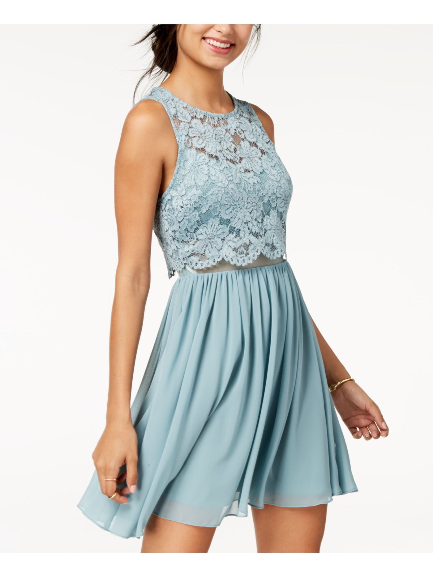 CITY STUDIO Womens Green Lace Long Sleeve Illusion Neckline Short Evening Fit + Flare Dress Juniors 9
