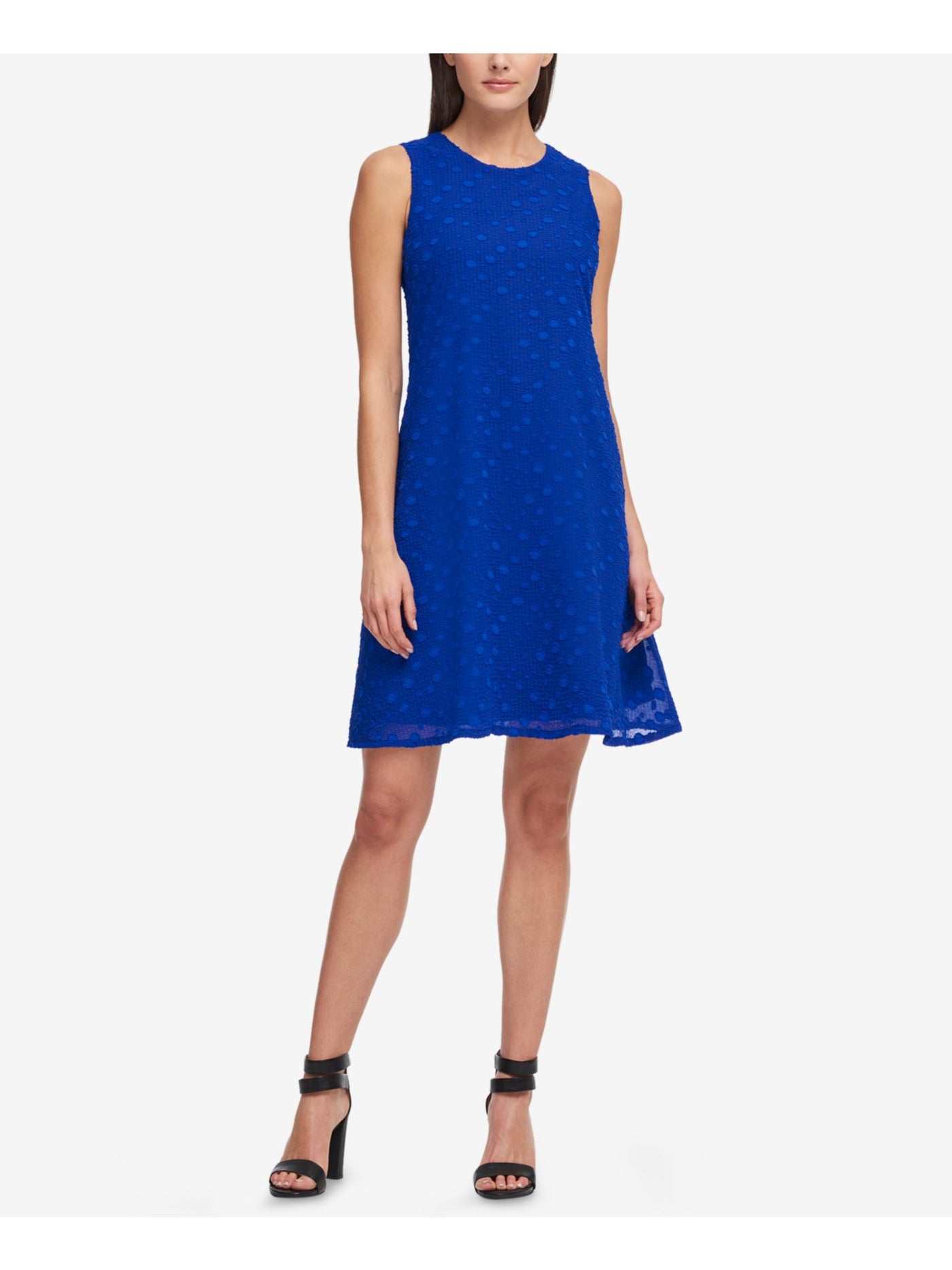 DKNY Womens Blue Stretch Textured Zippered Chiffon Polka Dot Sleeveless Crew Neck Above The Knee Evening Trapeze Dress 4