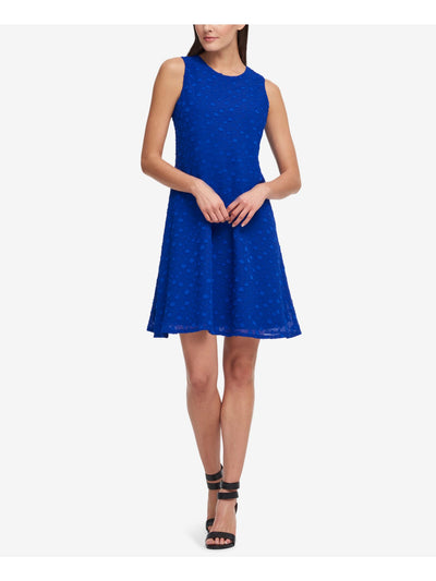 DKNY Womens Blue Stretch Textured Zippered Chiffon Polka Dot Sleeveless Crew Neck Above The Knee Evening Trapeze Dress 4