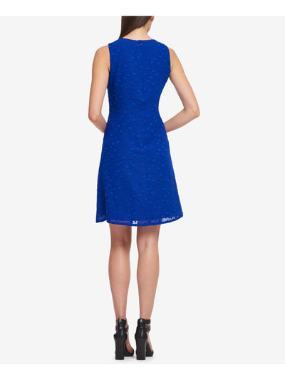 DKNY Womens Blue Stretch Textured Zippered Chiffon Polka Dot Sleeveless Crew Neck Above The Knee Evening Trapeze Dress 6