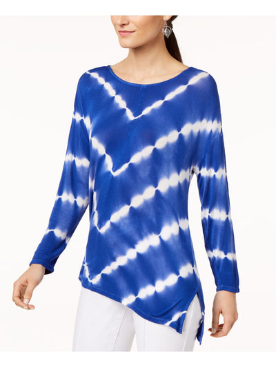 INC Womens Blue Tie Dye Long Sleeve Scoop Neck Top M