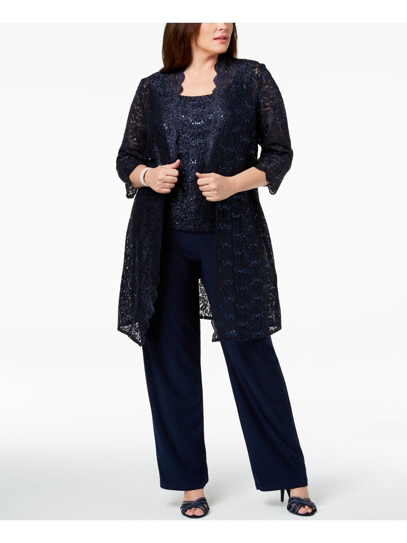 R&M RICHARDS Womens Navy Sequined Lace Jacket Plus 22W